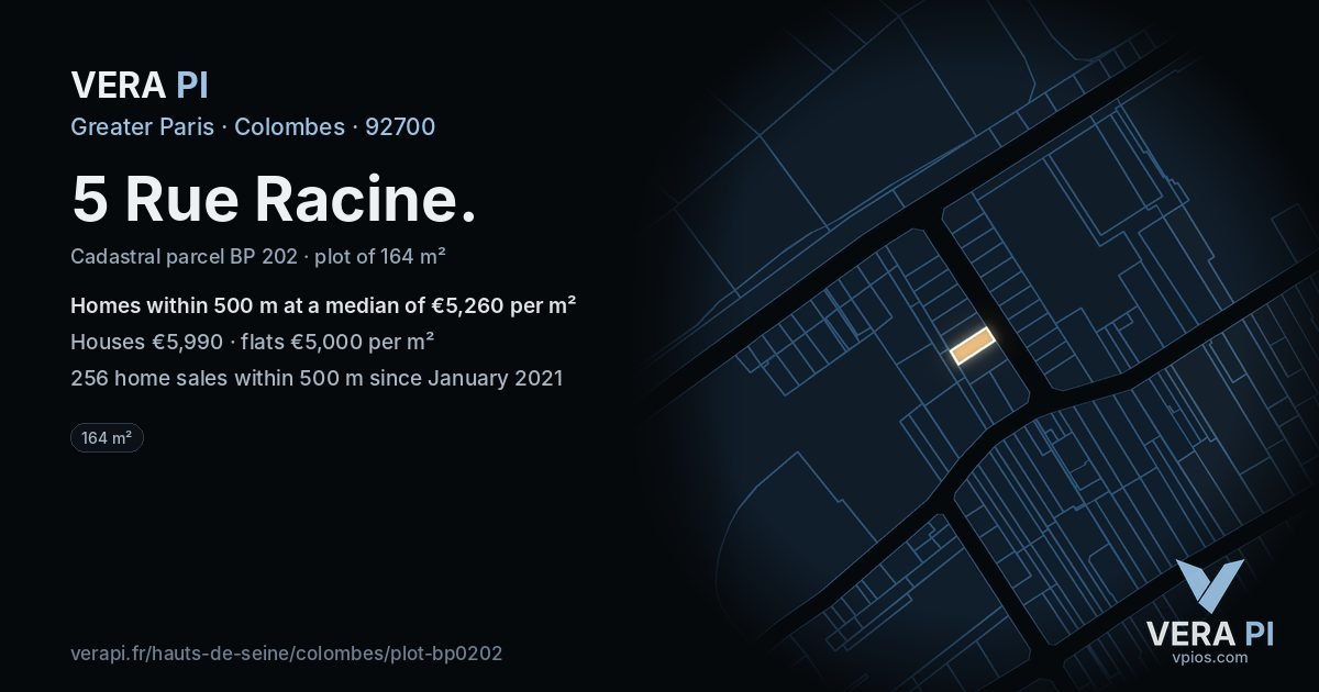 5 Rue Racine, Colombes at night – the plot lit, the parcels around coloured by the prices near them