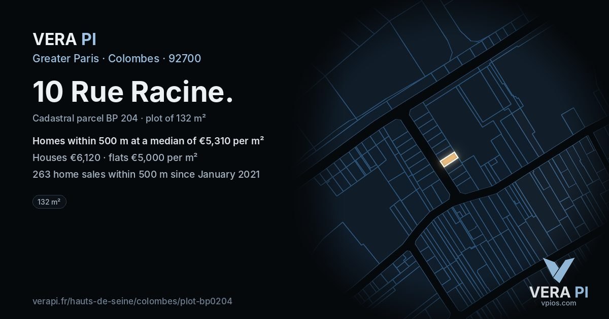 10 Rue Racine, Colombes at night – the plot lit, the parcels around coloured by the prices near them