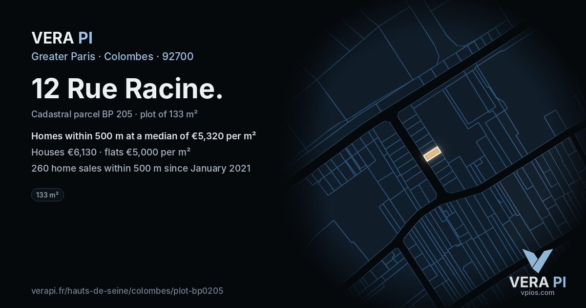 12 Rue Racine, Colombes at night – the plot lit, the parcels around coloured by the prices near them