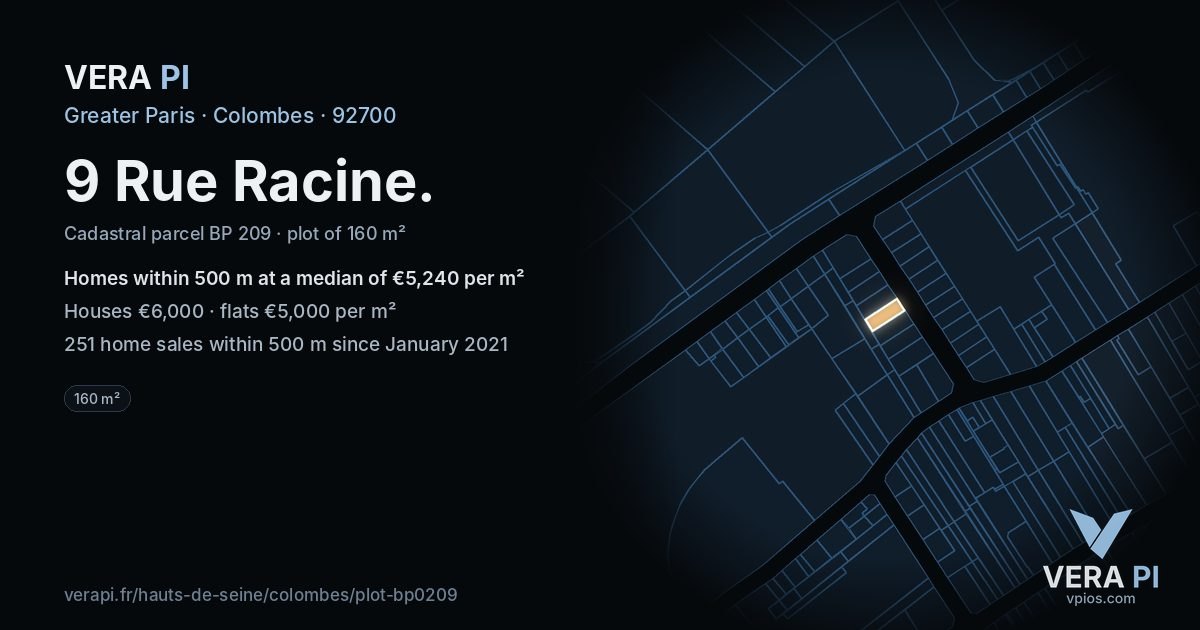9 Rue Racine, Colombes at night – the plot lit, the parcels around coloured by the prices near them
