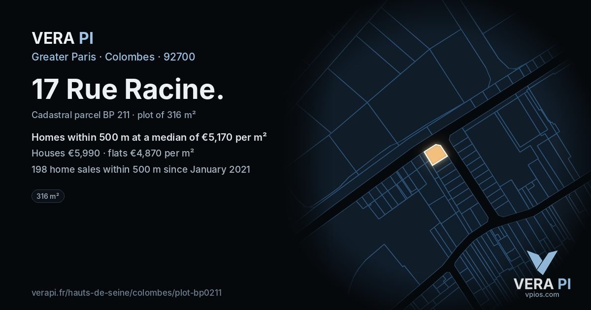 17 Rue Racine, Colombes at night – the plot lit, the parcels around coloured by the prices near them