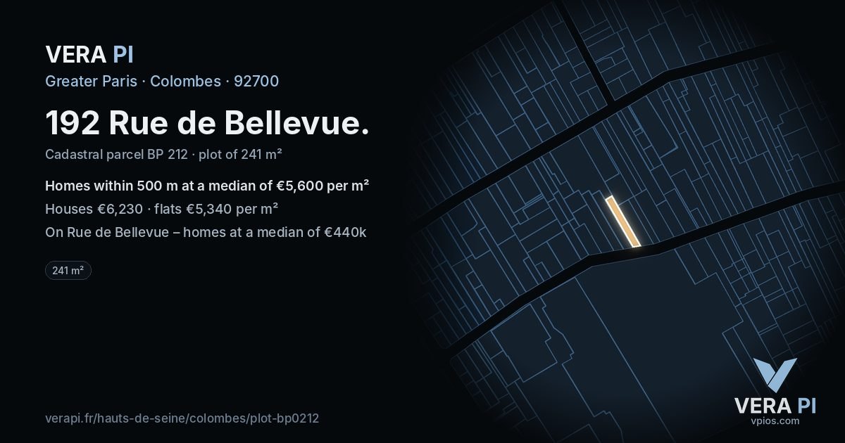 192 Rue de Bellevue, Colombes at night – the plot lit, the parcels around coloured by the prices near them