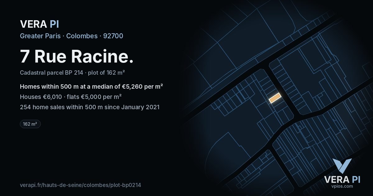 7 Rue Racine, Colombes at night – the plot lit, the parcels around coloured by the prices near them
