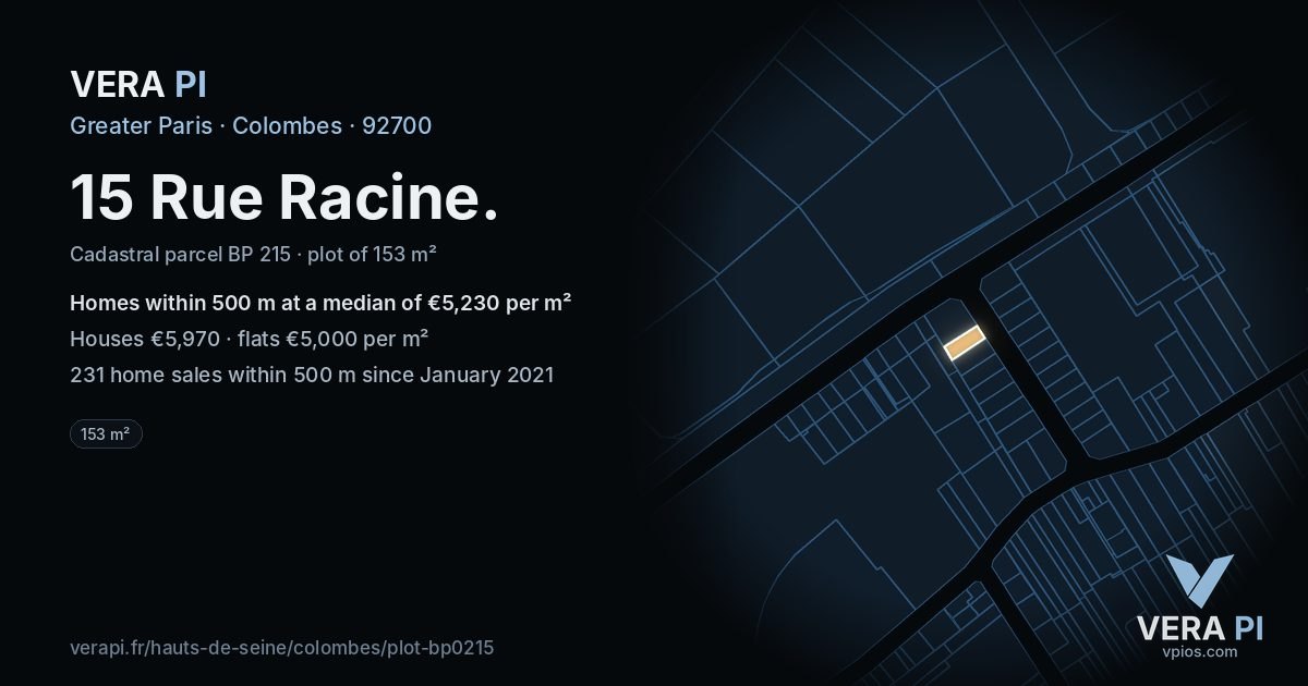 15 Rue Racine, Colombes at night – the plot lit, the parcels around coloured by the prices near them