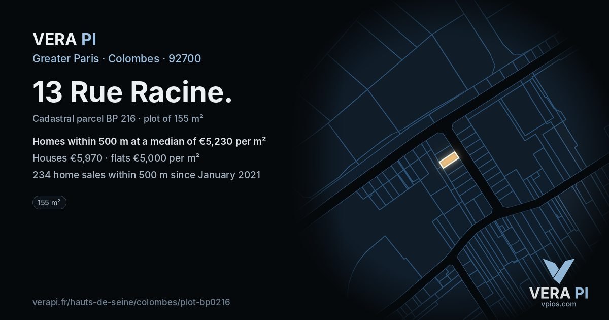 13 Rue Racine, Colombes at night – the plot lit, the parcels around coloured by the prices near them