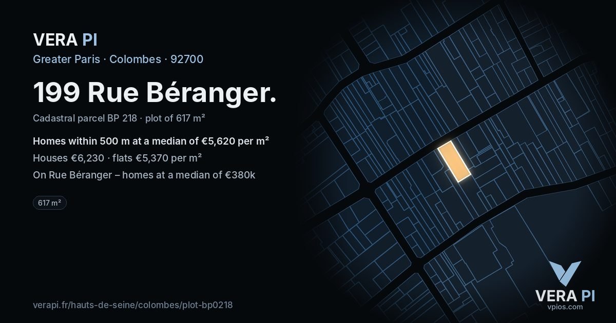 199 Rue Béranger, Colombes at night – the plot lit, the parcels around coloured by the prices near them
