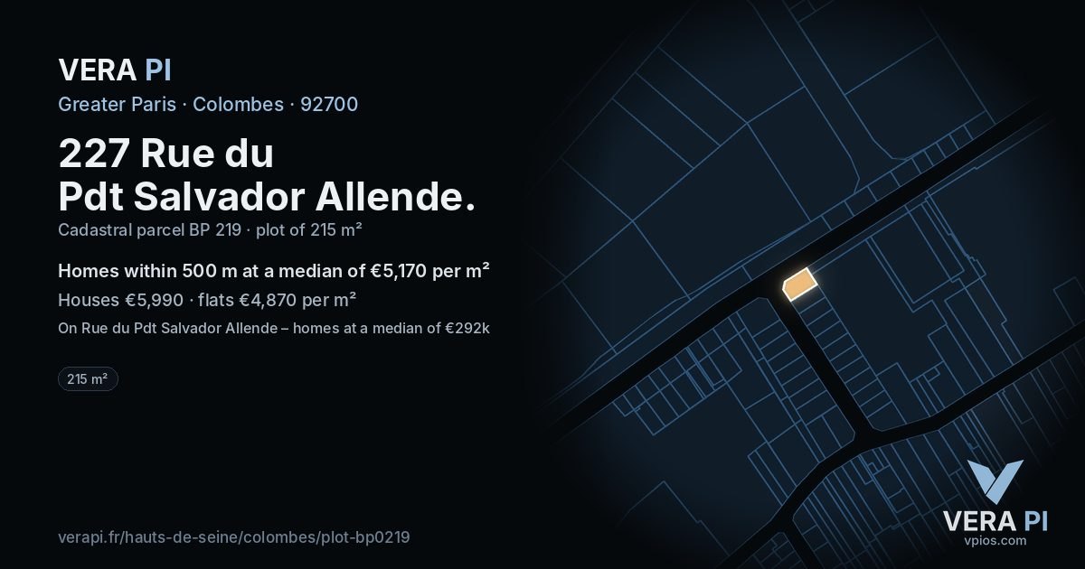 227 Rue du Pdt Salvador Allende, Colombes at night – the plot lit, the parcels around coloured by the prices near them