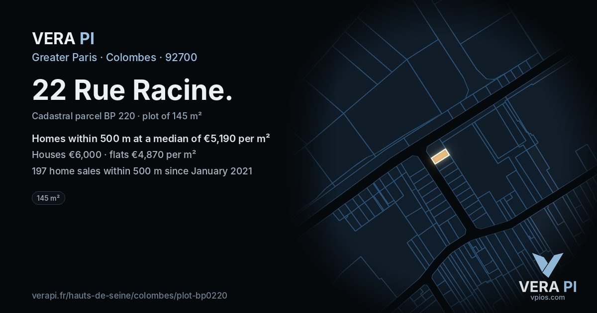22 Rue Racine, Colombes at night – the plot lit, the parcels around coloured by the prices near them