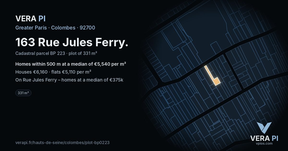 163 Rue Jules Ferry, Colombes at night – the plot lit, the parcels around coloured by the prices near them