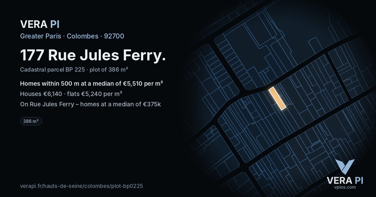 177 Rue Jules Ferry, Colombes at night – the plot lit, the parcels around coloured by the prices near them