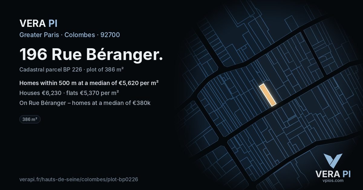 196 Rue Béranger, Colombes at night – the plot lit, the parcels around coloured by the prices near them