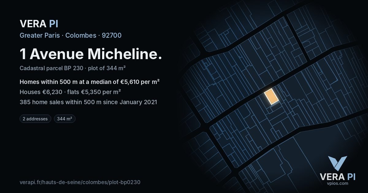 1 Avenue Micheline, Colombes at night – the plot lit, the parcels around coloured by the prices near them