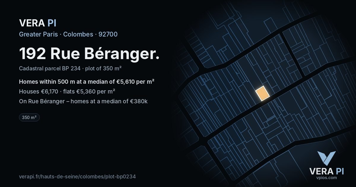 192 Rue Béranger, Colombes at night – the plot lit, the parcels around coloured by the prices near them
