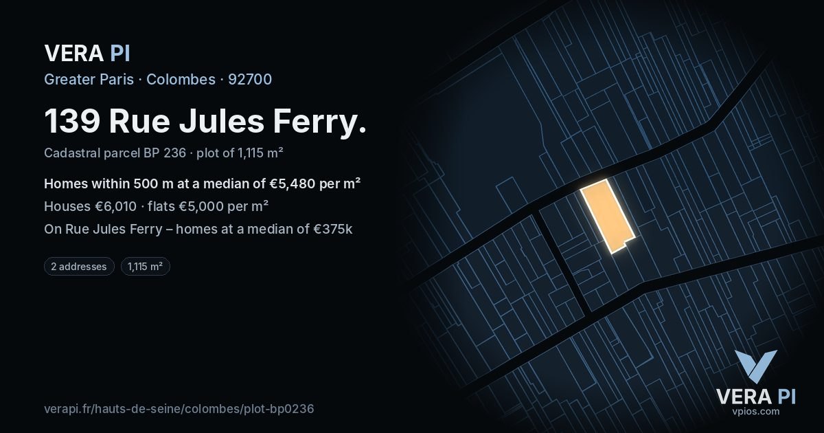 139 Rue Jules Ferry, Colombes at night – the plot lit, the parcels around coloured by the prices near them