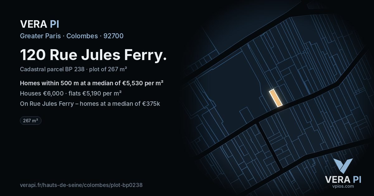120 Rue Jules Ferry, Colombes at night – the plot lit, the parcels around coloured by the prices near them