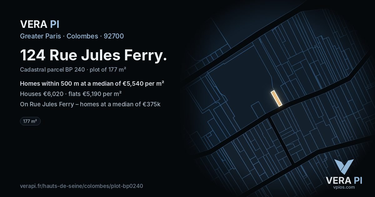 124 Rue Jules Ferry, Colombes at night – the plot lit, the parcels around coloured by the prices near them