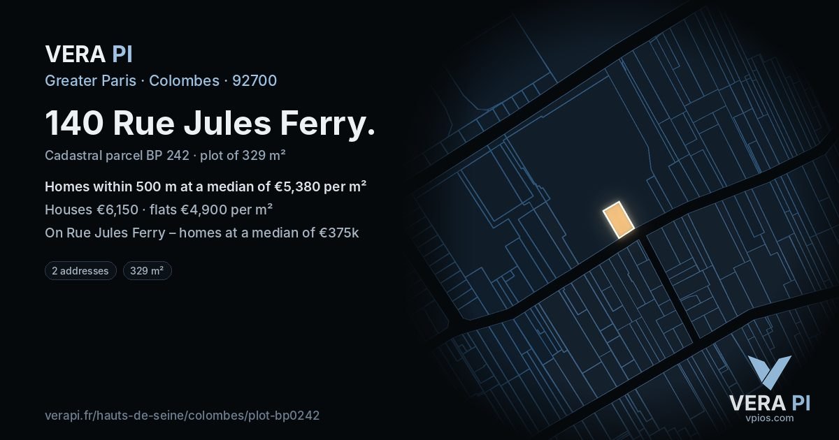 140 Rue Jules Ferry, Colombes at night – the plot lit, the parcels around coloured by the prices near them