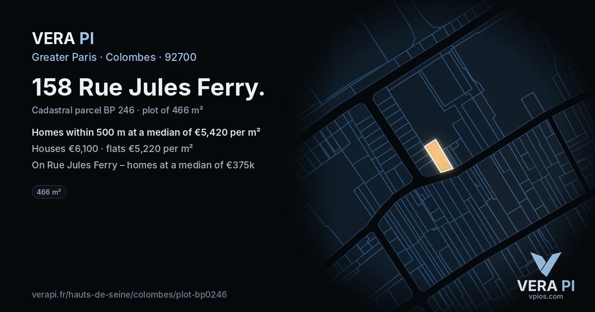 158 Rue Jules Ferry, Colombes at night – the plot lit, the parcels around coloured by the prices near them