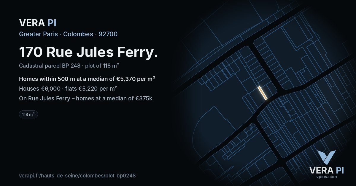 170 Rue Jules Ferry, Colombes at night – the plot lit, the parcels around coloured by the prices near them