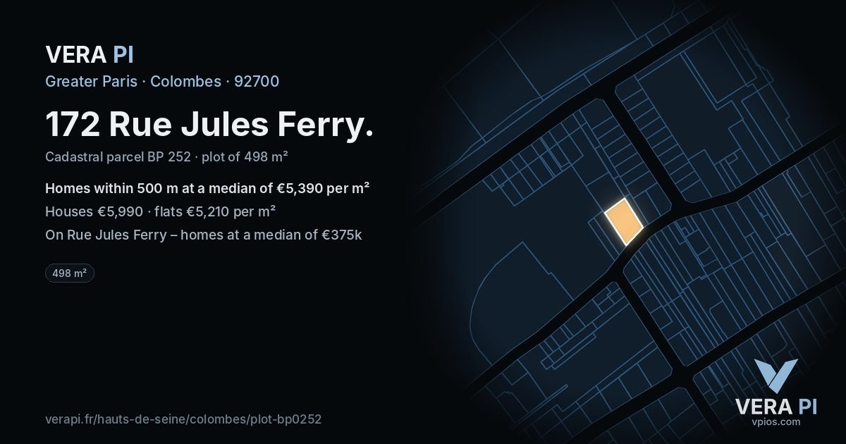 172 Rue Jules Ferry, Colombes at night – the plot lit, the parcels around coloured by the prices near them