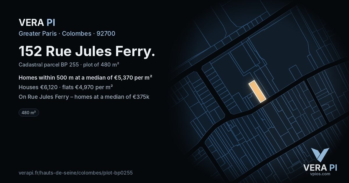 152 Rue Jules Ferry, Colombes at night – the plot lit, the parcels around coloured by the prices near them