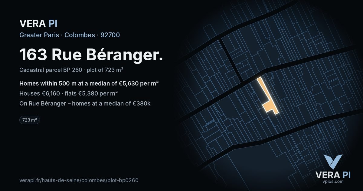 163 Rue Béranger, Colombes at night – the plot lit, the parcels around coloured by the prices near them