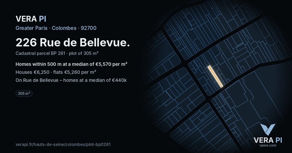 226 Rue de Bellevue, Colombes at night – the plot lit, the parcels around coloured by the prices near them
