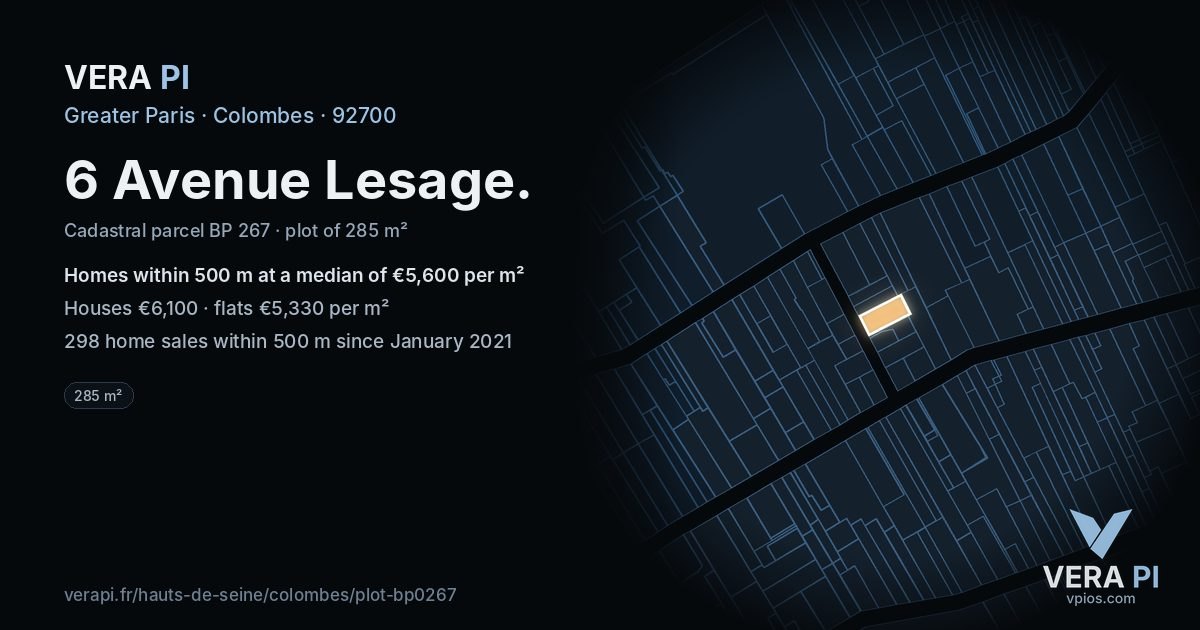 6 Avenue Lesage, Colombes at night – the plot lit, the parcels around coloured by the prices near them