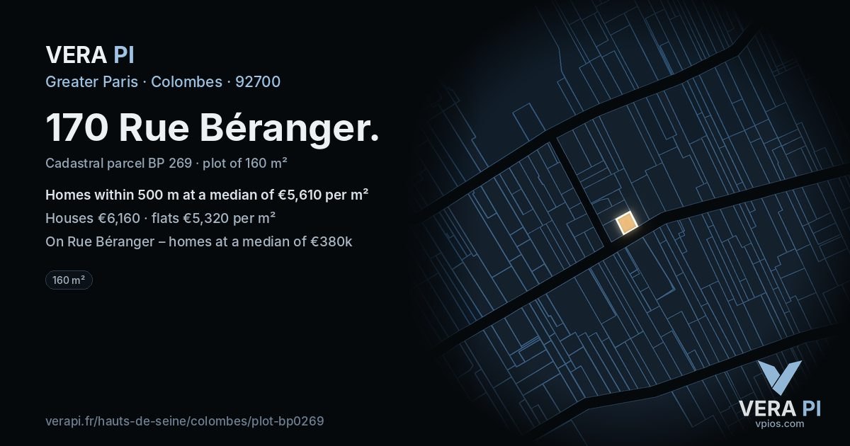 170 Rue Béranger, Colombes at night – the plot lit, the parcels around coloured by the prices near them