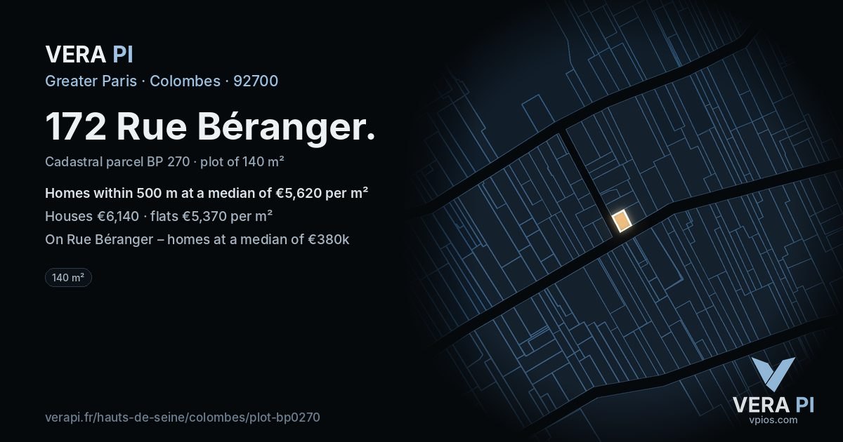 172 Rue Béranger, Colombes at night – the plot lit, the parcels around coloured by the prices near them