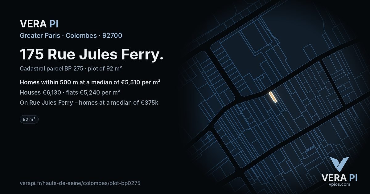 175 Rue Jules Ferry, Colombes at night – the plot lit, the parcels around coloured by the prices near them