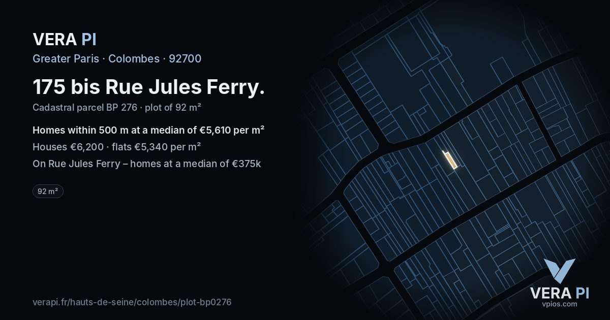 175 bis Rue Jules Ferry, Colombes at night – the plot lit, the parcels around coloured by the prices near them