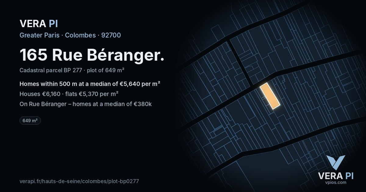 165 Rue Béranger, Colombes at night – the plot lit, the parcels around coloured by the prices near them