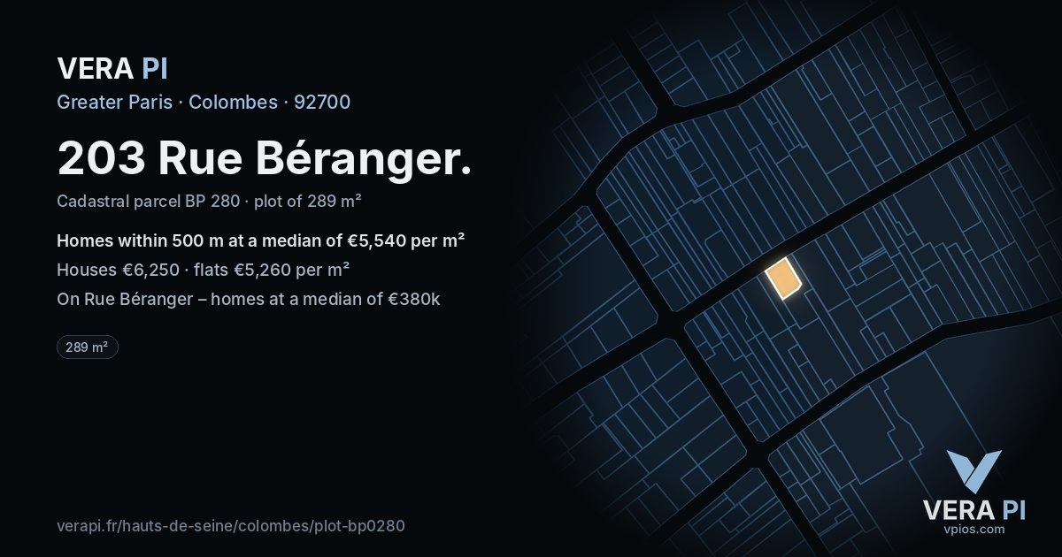 203 Rue Béranger, Colombes at night – the plot lit, the parcels around coloured by the prices near them