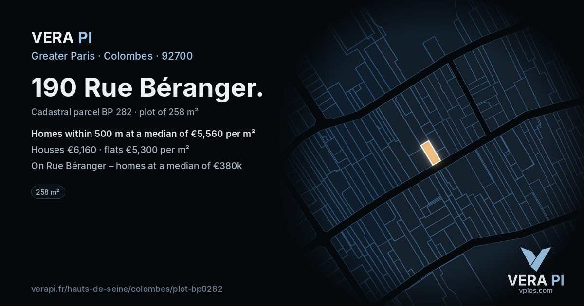 190 Rue Béranger, Colombes at night – the plot lit, the parcels around coloured by the prices near them