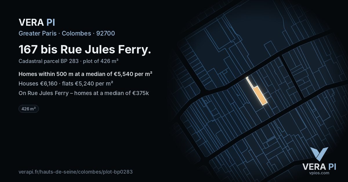 167 bis Rue Jules Ferry, Colombes at night – the plot lit, the parcels around coloured by the prices near them