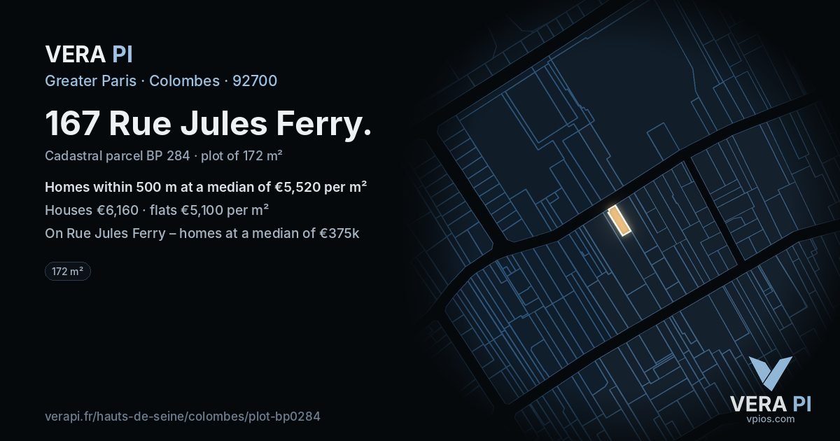 167 Rue Jules Ferry, Colombes at night – the plot lit, the parcels around coloured by the prices near them