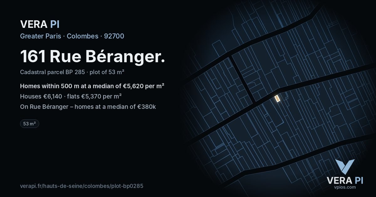 161 Rue Béranger, Colombes at night – the plot lit, the parcels around coloured by the prices near them