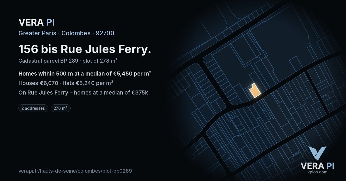 156 bis Rue Jules Ferry, Colombes at night – the plot lit, the parcels around coloured by the prices near them