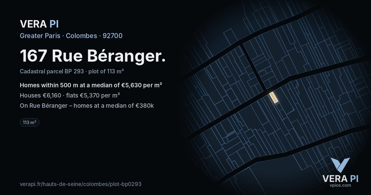 167 Rue Béranger, Colombes at night – the plot lit, the parcels around coloured by the prices near them