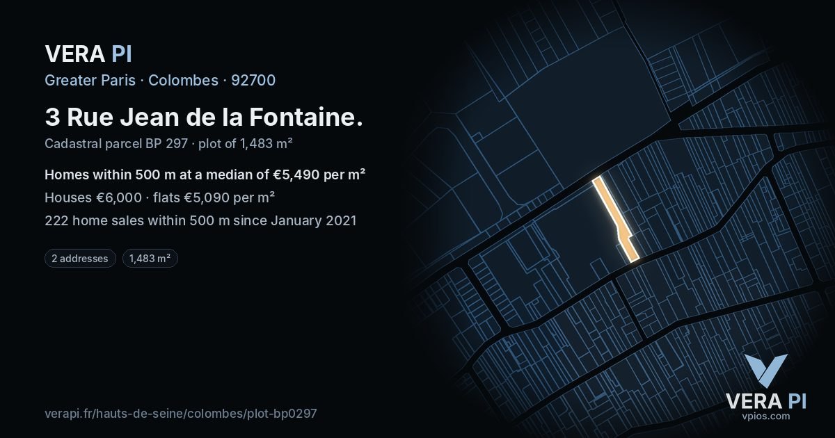 3 Rue Jean de la Fontaine, Colombes at night – the plot lit, the parcels around coloured by the prices near them