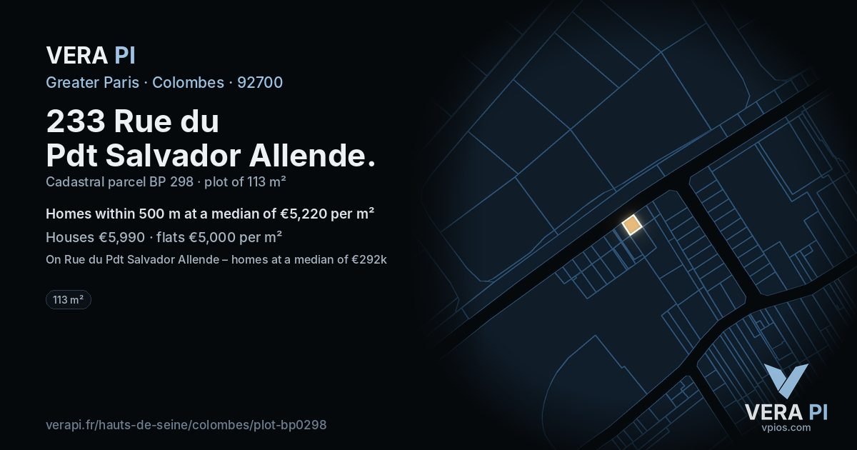 233 Rue du Pdt Salvador Allende, Colombes at night – the plot lit, the parcels around coloured by the prices near them