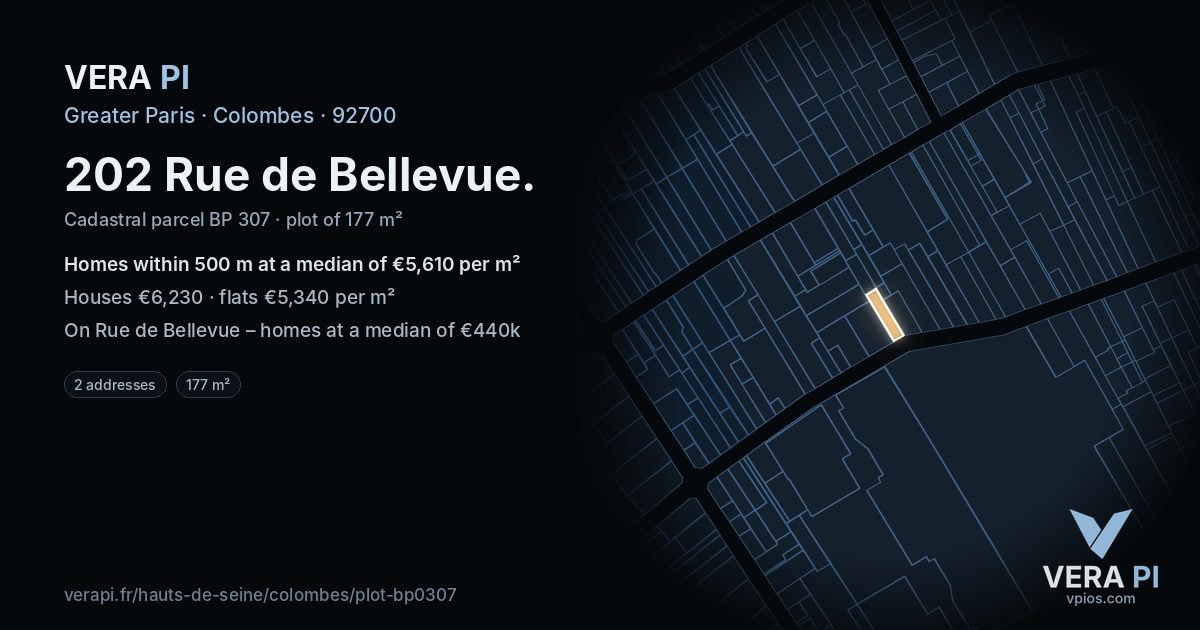 202 Rue de Bellevue, Colombes at night – the plot lit, the parcels around coloured by the prices near them