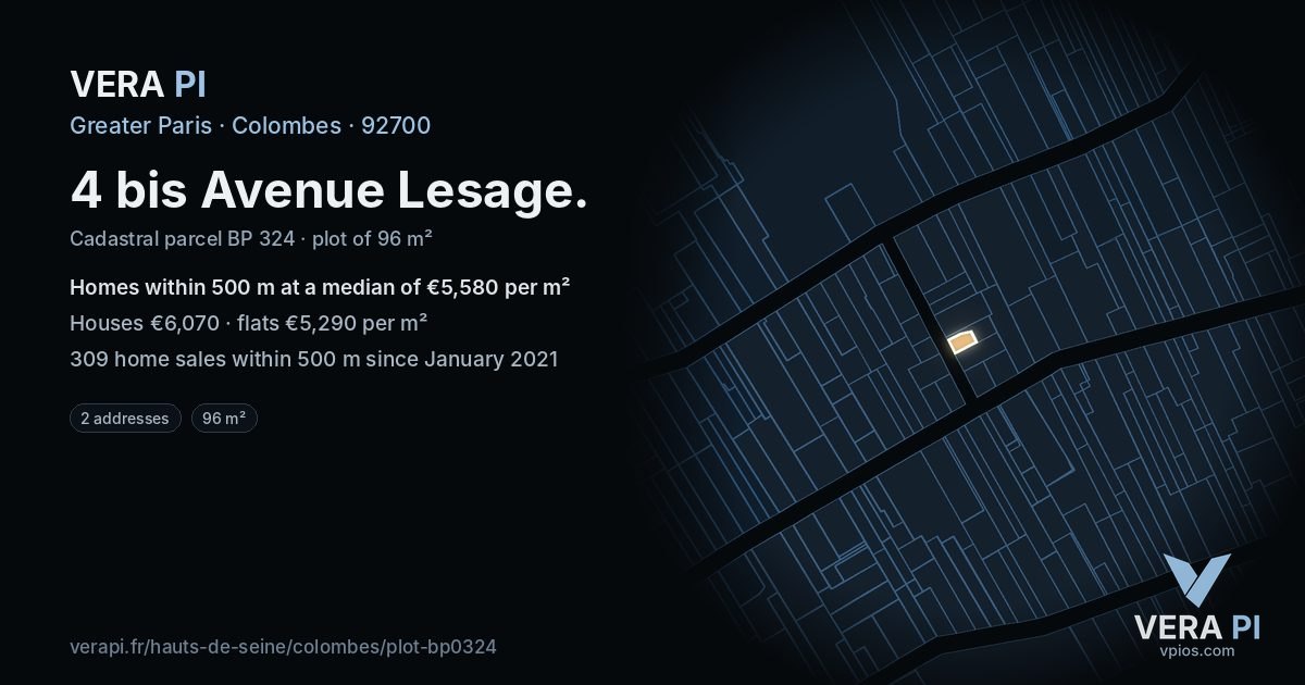 4 bis Avenue Lesage, Colombes at night – the plot lit, the parcels around coloured by the prices near them