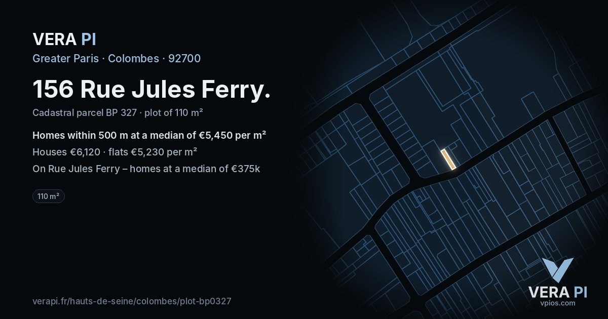 156 Rue Jules Ferry, Colombes at night – the plot lit, the parcels around coloured by the prices near them