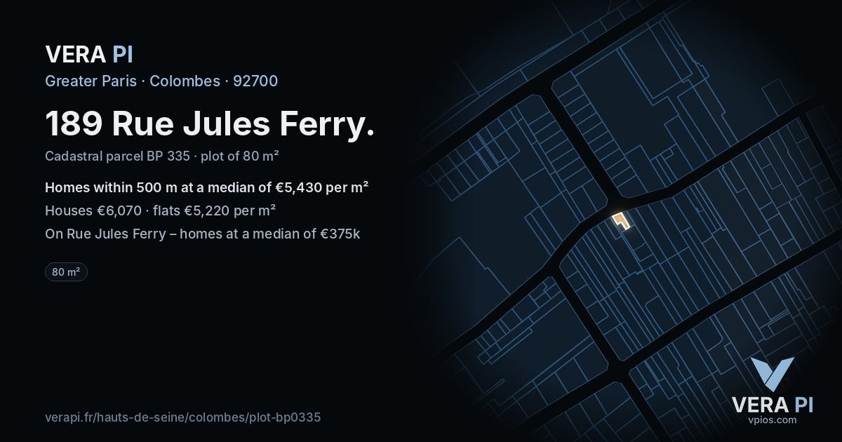 189 Rue Jules Ferry, Colombes at night – the plot lit, the parcels around coloured by the prices near them