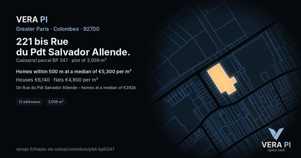221 bis Rue du Pdt Salvador Allende, Colombes at night – the plot lit, the parcels around coloured by the prices near them