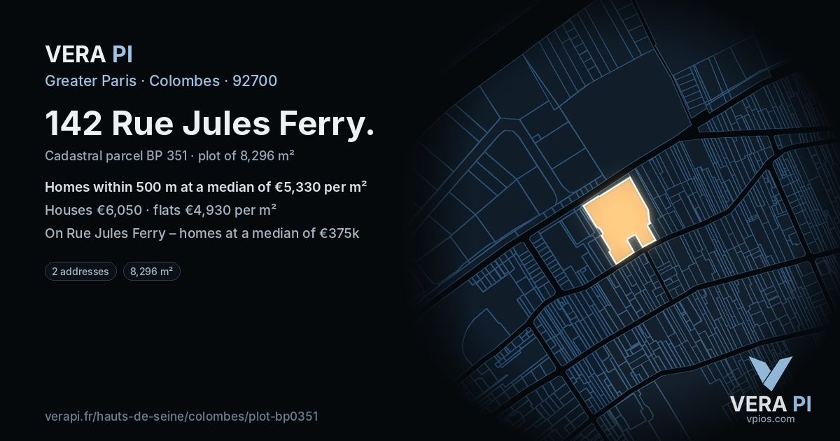 142 Rue Jules Ferry, Colombes at night – the plot lit, the parcels around coloured by the prices near them