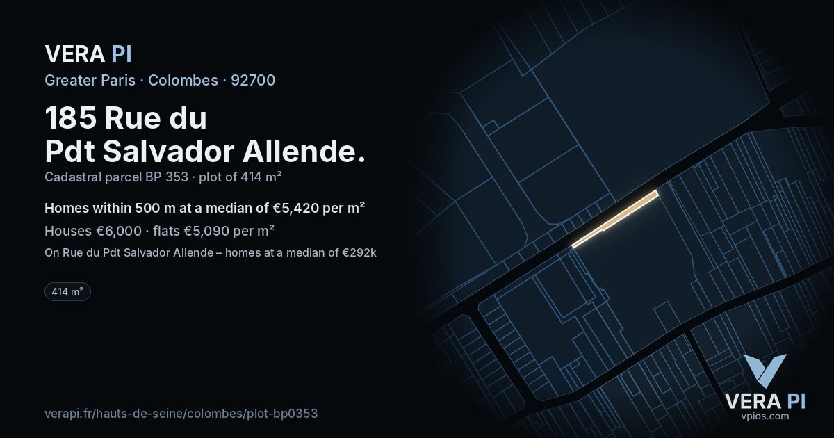 185 Rue du Pdt Salvador Allende, Colombes at night – the plot lit, the parcels around coloured by the prices near them