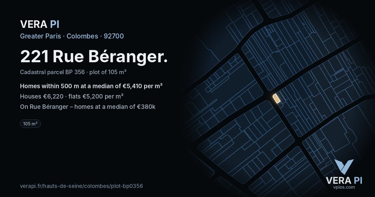221 Rue Béranger, Colombes at night – the plot lit, the parcels around coloured by the prices near them